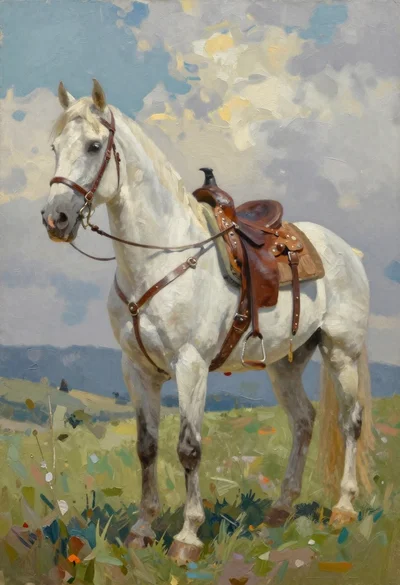White horse in profile on a grassy hillside