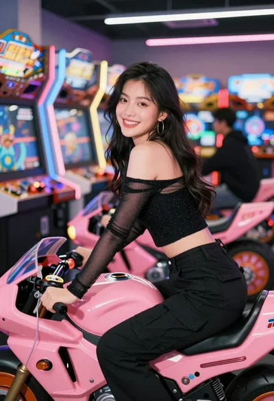 Young woman with dark wavy hair sits on pink arcade motorcycle in