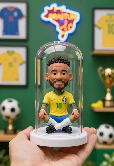 Hand holding clear capsule with miniature bobblehead soccer player