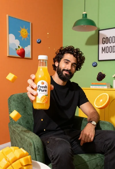 Bearded man in black tshirt holds orange juice bottle surrounded by splashing