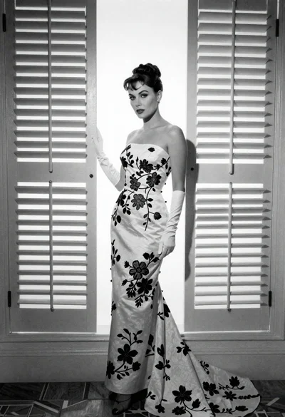 Full length portrait of woman in gown near tall window shutters