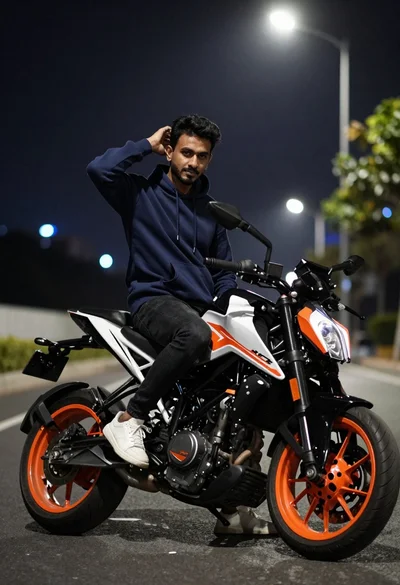 Man sitting on sport motorcycle at night with blurred city lights background