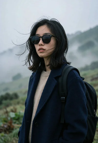 Young woman in navy coat standing in misty green hills at overcast