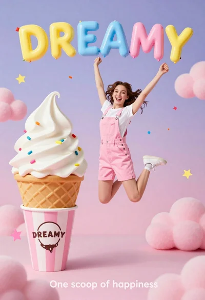 Joyful young woman in pink overalls jumping next to giant ice cream