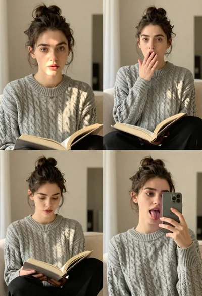 Collage of four candid portraits of young woman in cozy indoor setting