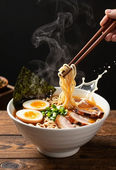 Hyperrealistic close up of ramen splashing ingredients on a dark wooden table