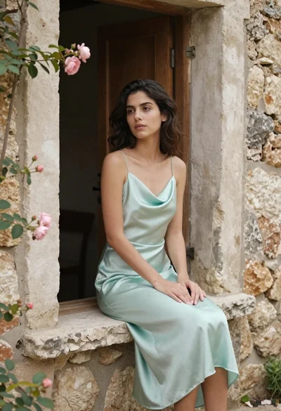 Young woman in mint green satin dress sitting on rustic stone windowsill