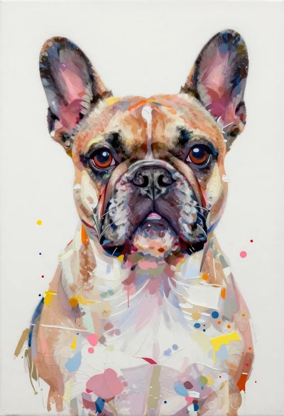 Oil paint portrait of a french bulldog on white canvas