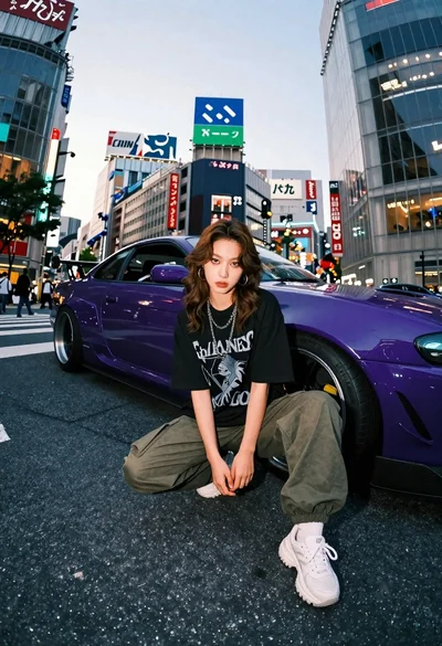Young woman in oversized shirt crouching by purple car in city