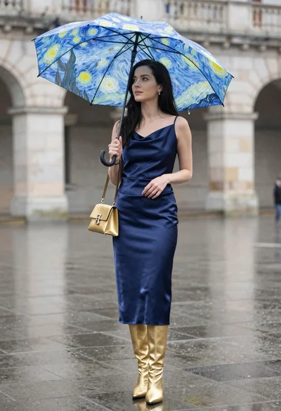 Woman in navy satin dress holding umbrella in rain on wet plaza