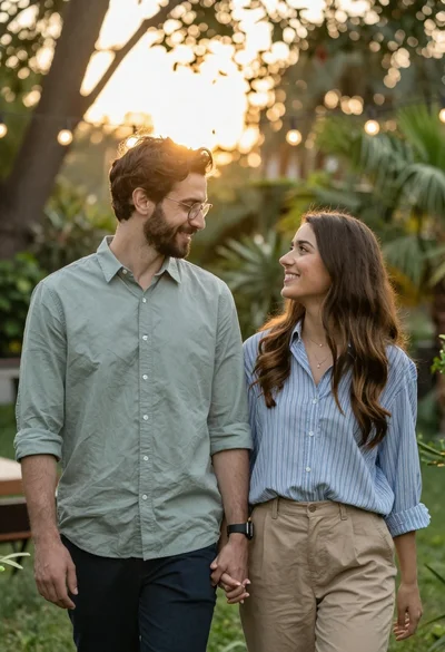 Smiling couple holding hands in a lush garden during golden hour