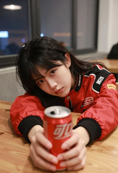 Young woman with black hair holding red soda can at low angle