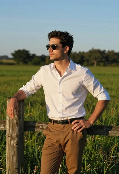 Handsome young man leaning on fence post in sunlit green meadow
