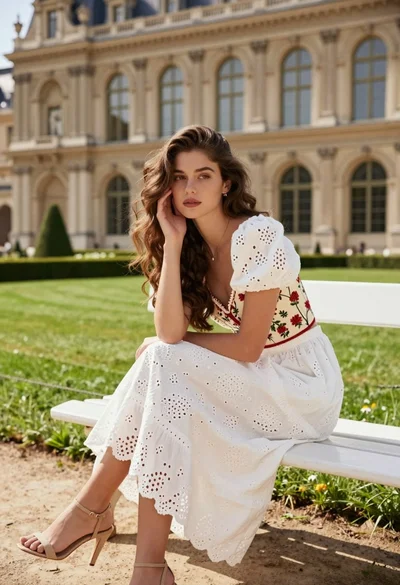 Young woman with brown hair on white bench before grand classical architecture