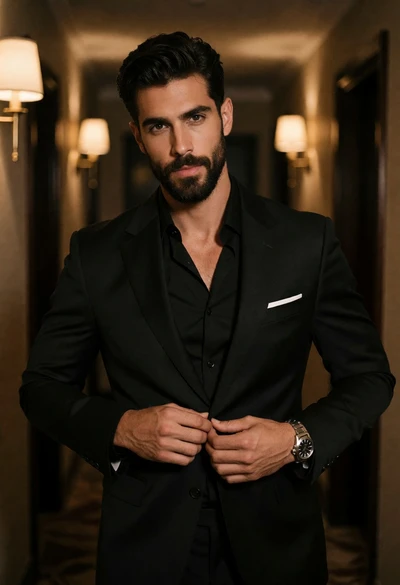 Handsome man buttoning black suit jacket in dimly lit hallway portrait