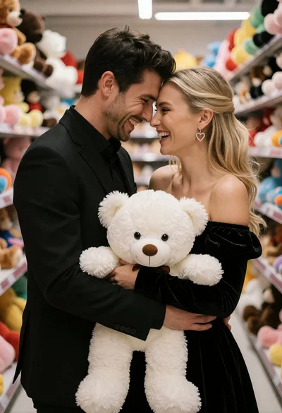 Joyful couple embracing in a brightly lit toy store aisle