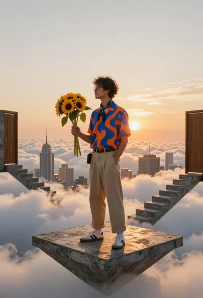 Young man in casual wear standing on floating concrete platform above clouds