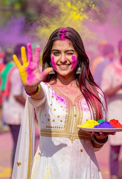 Young woman in traditional dress celebrating holi festival with colorful powders