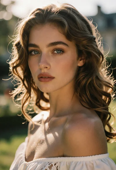 Close up portrait of young woman with brown hair outdoors at golden