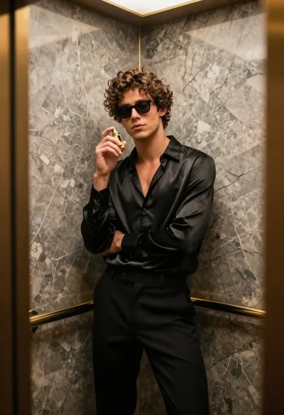 Stylish young man in black satin suit inside luxury marble elevator