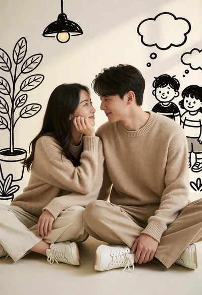 Young couple sitting intimately against cream wall with black line art illustrations