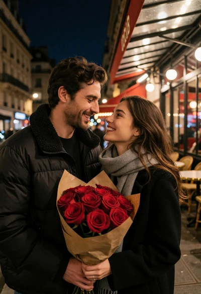 Romantic couple on paris sidewalk with red roses near illuminated cafe