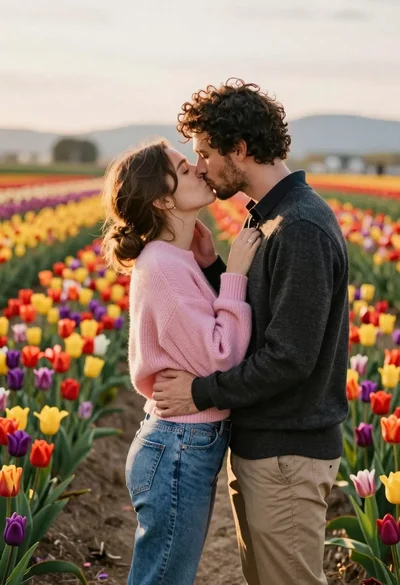 Romantic couple sharing a kiss in a vibrant tulip field at sunset
