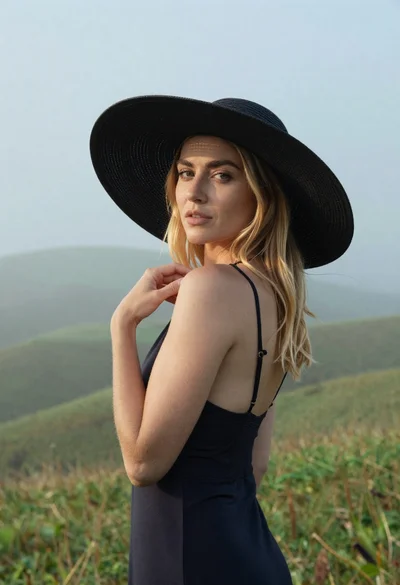 Blonde woman in black hat standing in misty green rolling hills