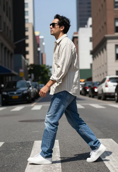 Man walking down an urban street in profile view under bright daylight