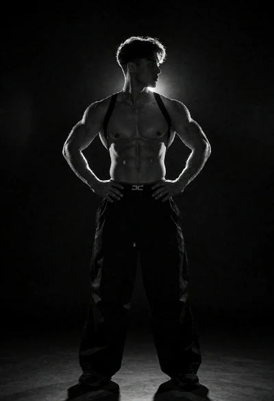 Muscular man in dark trousers silhouetted by powerful rim light against black