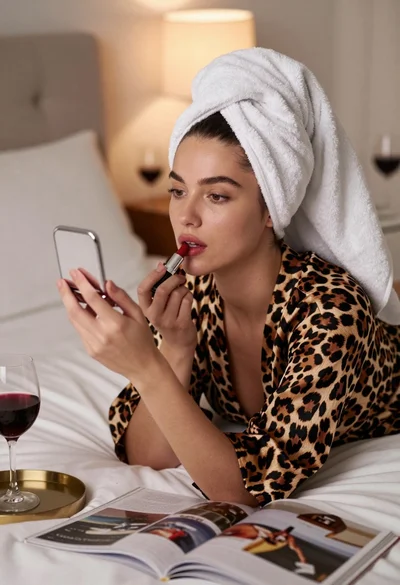 Young woman in leopard robe applying red lipstick while lying on bed