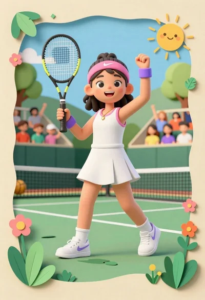 Joyful young female tennis player celebrates victory on green court holding racket