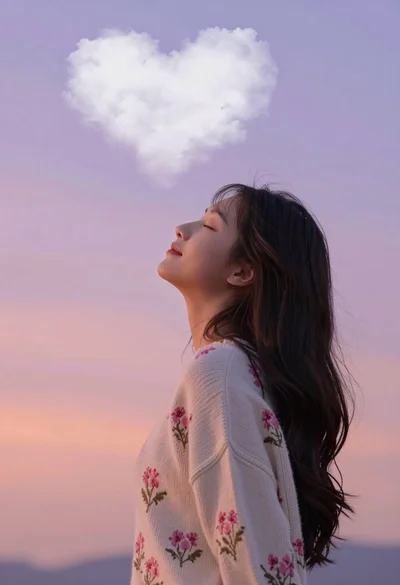 Serene portrait of young woman in cream sweater against pastel sunset sky