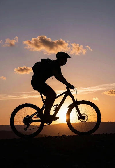 Dramatic silhouette of mountain biker against vibrant sunset sky on rolling hills