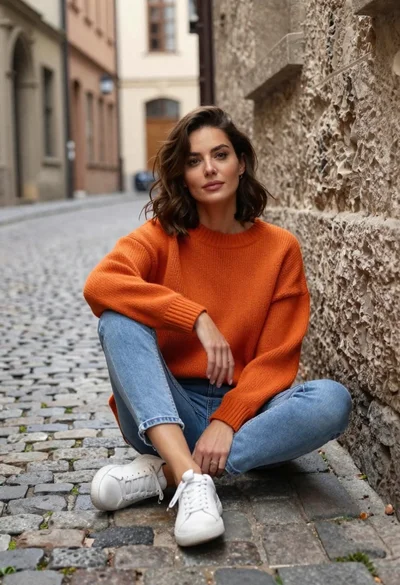 Woman sitting on cobblestone street in old european alley