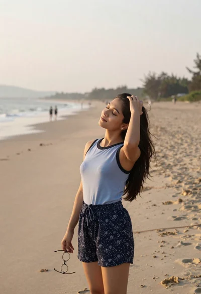 Young woman on sandy beach with dark hair in light blue top
