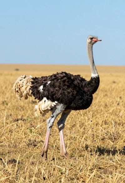 Majestic ostrich running across golden savanna under clear blue sky