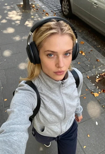 Young blonde woman in grey jacket taking a high angle city sidewalk