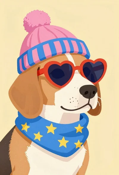 Beagle dog wearing heart sunglasses and winter accessories