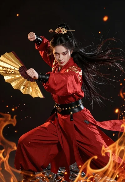 Fierce female warrior in red robe holding golden fan against dark void