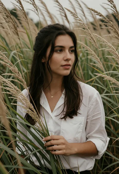 Young woman in white shirt standing in tall swaying green and beige