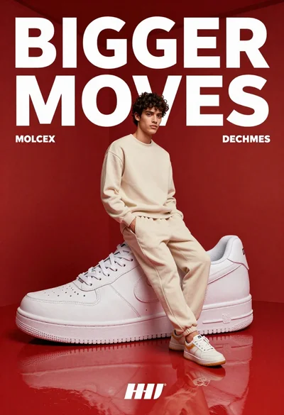 Young man leaning against giant sneaker in minimalist red studio setting