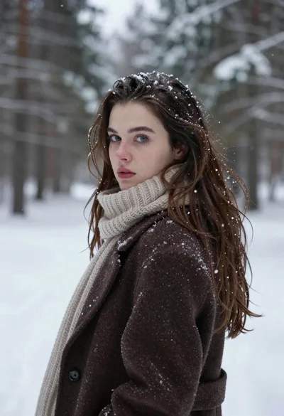 Fair skinned woman in brown coat looking back over shoulder in snowy