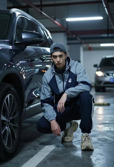 Young man crouching by dark suv in dimly lit underground parking garage