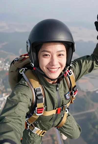 Smiling woman taking a selfie while skydiving