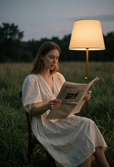 Woman reading newspaper in grassy field lit by warm floor lamp at