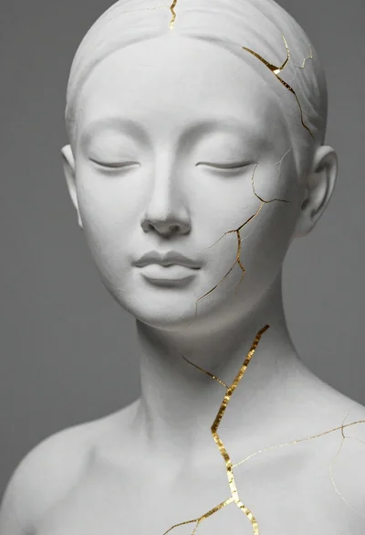 Close up portrait of serene bust with gold kintsugi cracks