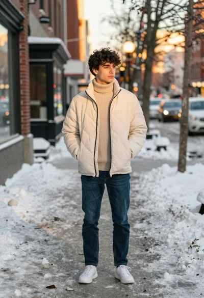 Young man in puffer jacket standing on snowy city sidewalk during winter