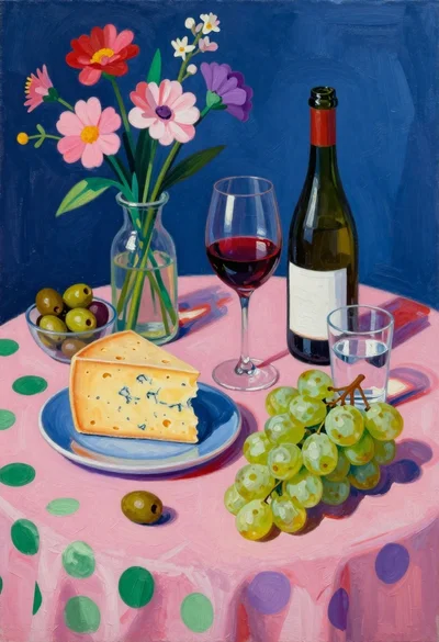 Still life painting with cheese grapes and wine on pink cloth