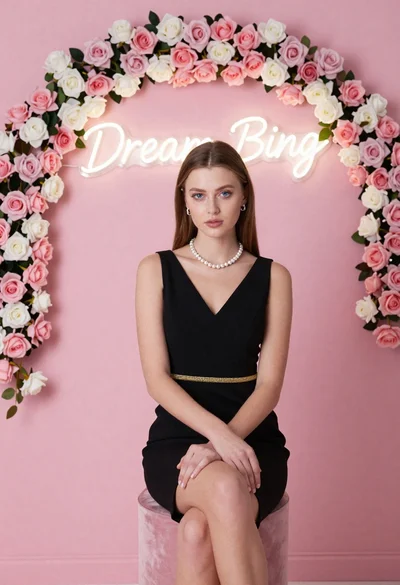 Portrait of woman in black dress with rose arch backdrop